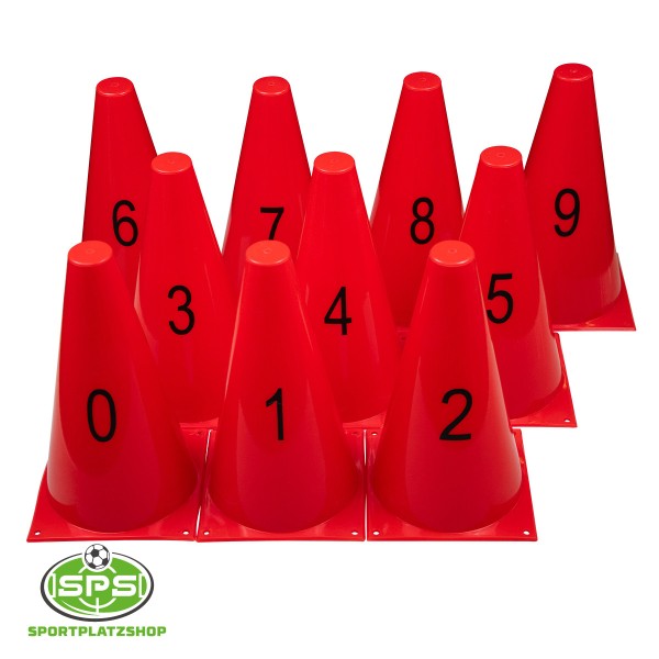 10 Markierkegel 23 cm Rot mit Nummern 0–9 – Trainingskegel für Balltraining