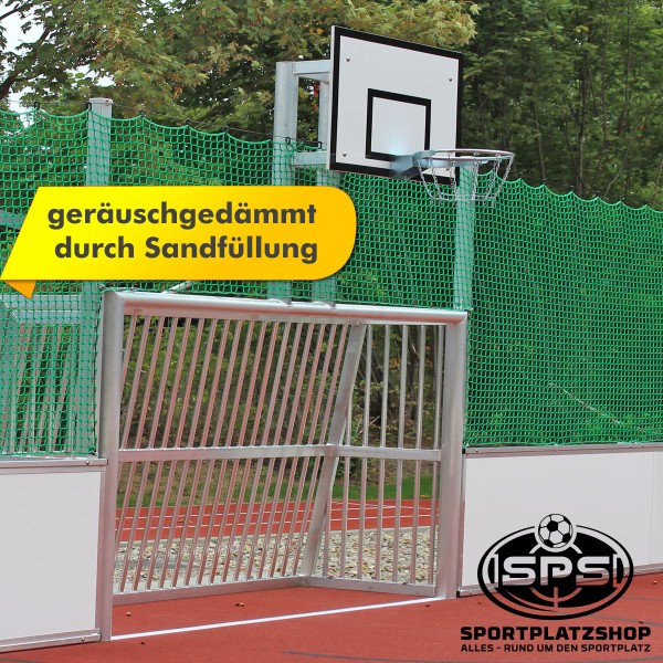 geräuschgedämmtes Bolzplatztor 3x2 m mit Basketballaufsatz 100x120 Profil